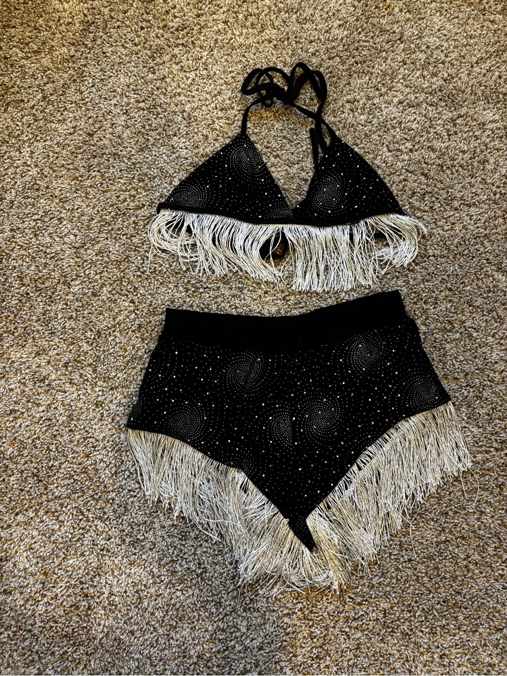 SHEIN Black Rhinestone Fringe Dance Shorts and Top Set